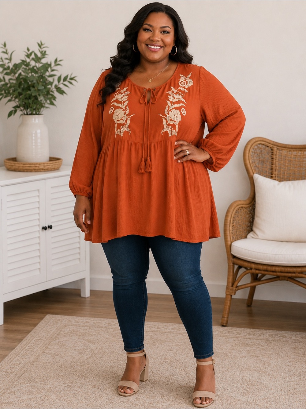 Aveology Plus Size 30/32 Rust Embroidered Boho Tunic Top